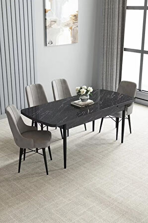 Loft Siyah Mermer 80x132 Açılabilir Mdf Masa Yemek Odası Takımı, Mutfak Takımı 4 Adet Sandalye