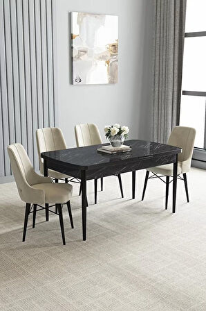 Loft Siyah Mermer 80x132 Açılabilir Mdf Masa Yemek Odası Takımı, Mutfak Takımı 4 Adet Sandalye