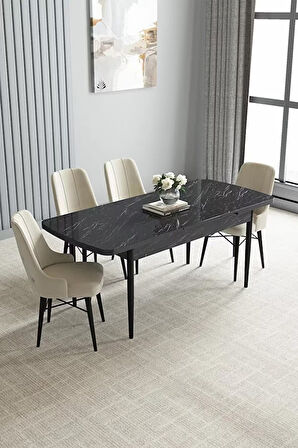 Loft Siyah Mermer 80x132 Açılabilir Mdf Masa Yemek Odası Takımı, Mutfak Takımı 4 Adet Sandalye