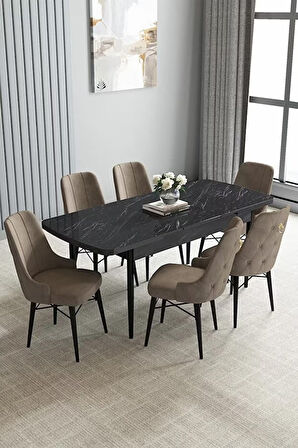 Loft Siyah Mermer 80x132 Açılabilir Mdf Masa Yemek Odası Takımı, Mutfak Takımı 6 Sandalye