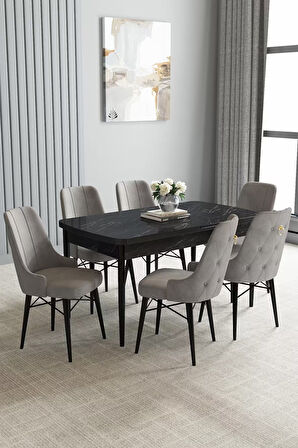 Loft Siyah Mermer 80x132 Açılabilir Mdf Masa Yemek Odası Takımı, Mutfak Takımı 6 Sandalye