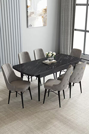 Loft Siyah Mermer 80x132 Açılabilir Mdf Masa Yemek Odası Takımı, Mutfak Takımı 6 Sandalye