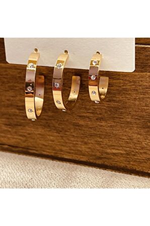 luxury steel gold renk zirkontaşlı 3lü kombin çelik küpe