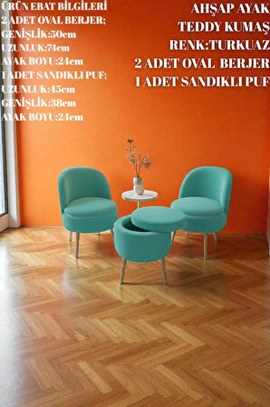 LORIANE Teddy Peluş Berjer ve Puf 3’lü Takım – Salon, Balkon ve Ofis İçin Konforlu Çay Seti