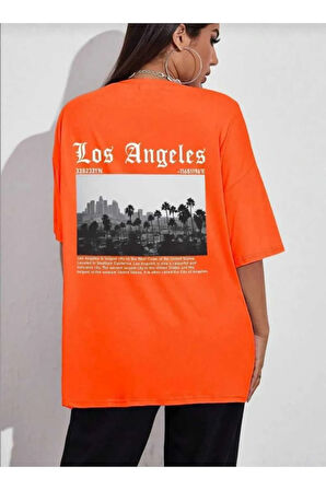 los angeles sırt baskılı o yaka oversize unisex basic t-şhirt