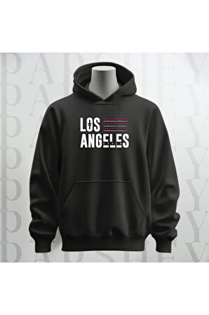 Los Angeles Yazı Baskılı Kapüşonlu Sweatshirt Hoodie Kalın Kumaş 3 İplik Şardonlu