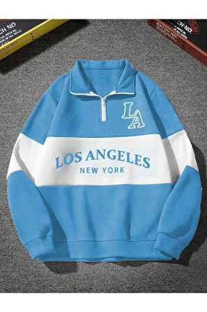 Unisex Los Angeles Baskılı Oversize Parçalı Polo Yaka Fermuarlı Sweatshirt