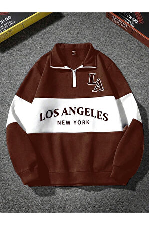 Unisex Los Angeles Baskılı Oversize Parçalı Polo Yaka Fermuarlı Sweatshirt