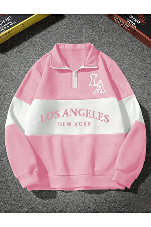 Unisex Los Angeles Baskılı Oversize Parçalı Polo Yaka Fermuarlı Sweatshirt