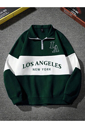 Unisex Los Angeles Baskılı Oversize Parçalı Polo Yaka Fermuarlı Sweatshirt