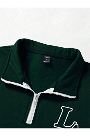 Unisex Los Angeles Baskılı Oversize Parçalı Polo Yaka Fermuarlı Sweatshirt