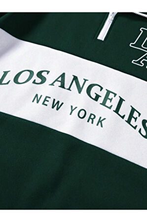Unisex Los Angeles Baskılı Oversize Parçalı Polo Yaka Fermuarlı Sweatshirt