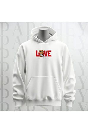 Love Ayıcık Baskılı Kapüşonlu Sweatshirt Hoodie Kalın Kumaş 3 İplik Şardonlu