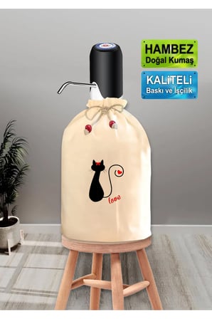 Dekoratif Love Kedi Baskılı Damacana Kılıfı Doğal Hambez Büzgü İpli Yıkanabilir Kılıf