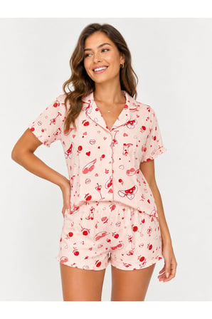 Love & Western Desenli Pembe Kısa Kollu Pijama Seti