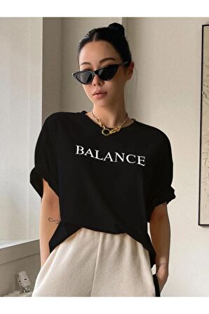 %100 Pamuk Balance Baskılı Siyah Unisex Balance Bisiklet Yaka T-shirt, Penye S-M-L-XL