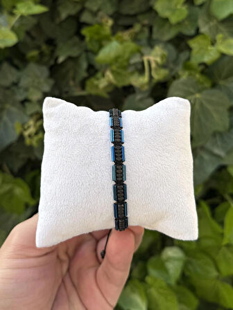 Hematit Bileklik - Lotus Bright Navy Blue Black Bileklik - Tasarım Bileklik Özel Kesim Ayarlanabilir