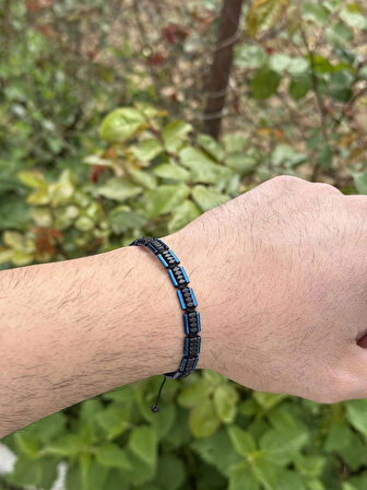 Hematit Bileklik - Lotus Bright Navy Blue Black Bileklik - Tasarım Bileklik Özel Kesim Ayarlanabilir