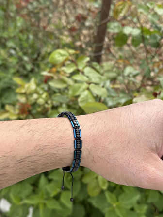 Hematit Bileklik - Lotus Bright Navy Blue Black Bileklik - Tasarım Bileklik Özel Kesim Ayarlanabilir