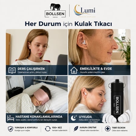 Bollsen Life+ Uyku Kulak Tıkaçları – Silikon Gürültü Engelleyici Kulak Tıkacı, 24 Db Snr Ses Azaltımı Gün Boyu Rahat Kullanım, Kolay Takıp Çıkarma, Dayanıklı ve 100 ve üzeri tekrar kullanım.