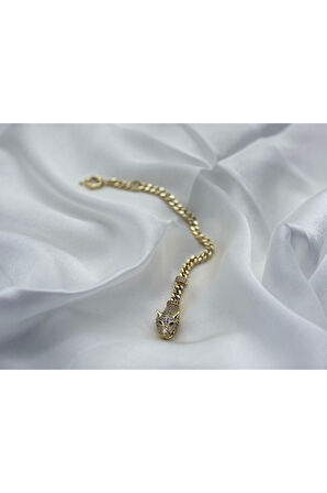 Xopıng Kaplan Başlı Zirkon Taşlı Model Kadın Bileklik Renk 14 Ayar Altın