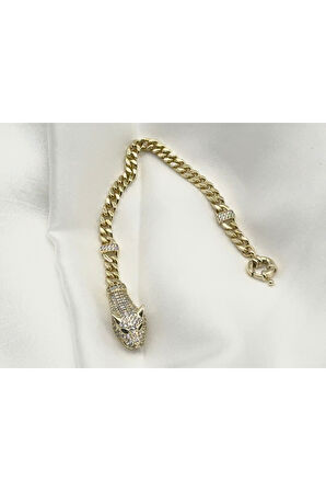 Xopıng Kaplan Başlı Zirkon Taşlı Model Kadın Bileklik Renk 14 Ayar Altın