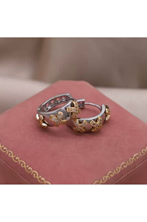 Paslanmaz Çelik Çapraz Zirkon Taşlı Kadın Küpe Gümüş Renk