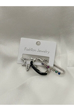 Jevelry Çılgın Kız Model Zirkon Taşlı 3 lü Kadın Küpe Seti Gümüş Renk Küpe