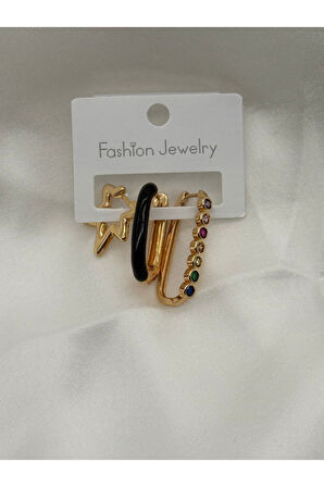 Jevelry Çılgın Kız Model Renkli Zirkon Taşlı 3 lü Kadın Küpe Seti Gold Renk Küpe