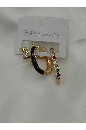 Jevelry Çılgın Kız Model Renkli Zirkon Taşlı 3 lü Kadın Küpe Seti Gold Renk Küpe