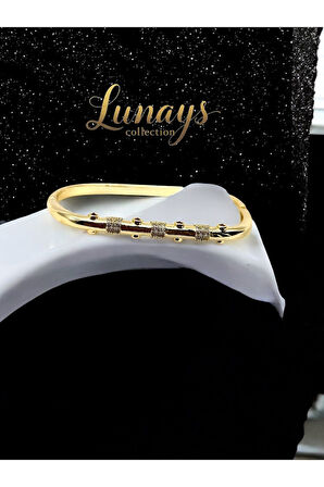 Paslanmaz Çelik Victorian Model Zirkon Taşlı Kadın Kelepçe Bileklik Gold Renk