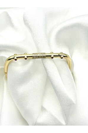 Paslanmaz Çelik Victorian Model Zirkon Taşlı Kadın Kelepçe Bileklik Gold Renk