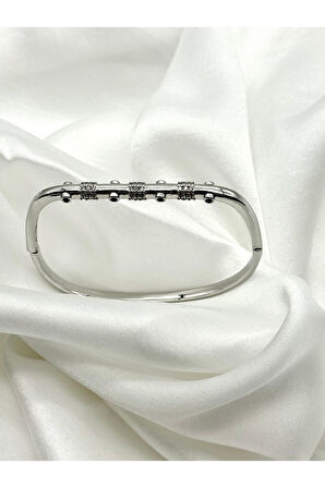 Paslanmaz Çelik Leyla Victorian Model Zirkon Taşlı Kadın Kelepçe Bileklik Gümüş Renk