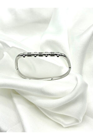 Paslanmaz Çelik Leyla Victorian Model Zirkon Taşlı Kadın Kelepçe Bileklik Gümüş Renk