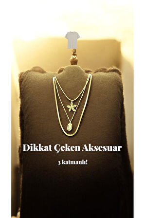 Paslanmaz Çelik 3 lü Asya Model Zincir Kadın Kolye Gold Renk