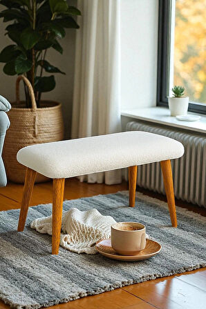  LUNO Dekoratif Teddy Peluş Bench – Geniş Pofidik Oturumlu Ahşap Ayaklı Puf