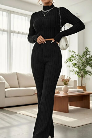 Kadın Çizgili Boğazlı Crop Top ve Yüksek Bel Pantolon Takım