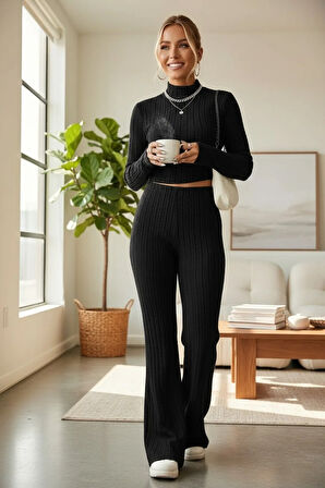 Kadın Çizgili Boğazlı Crop Top ve Yüksek Bel Pantolon Takım