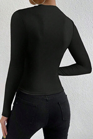 Kadın Belden ve Boyundan Büzgü Detaylı Uzun Kollu Bluz