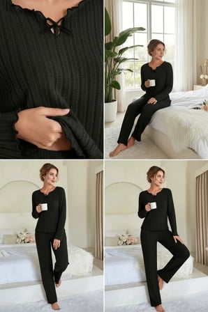 Kadın Siyah Uzun Kollu Fiyonklu Yuvarlak Yaka Mevsimlik Pijama Takımı
