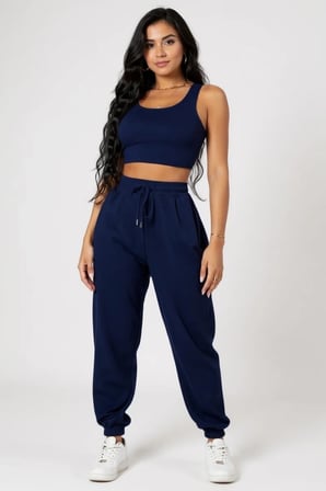 Kadın Lacivert Kaşkorse Cepli Jogger Eşofman Altı ve Crop Top Bluz – Şık, Rahat ve Kolay Kombinlenebilir