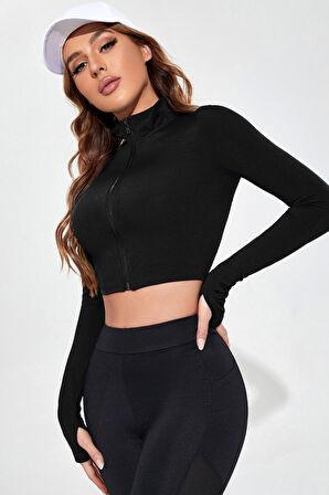 Kadın Siyah Uzun Kol Fermuarlı Parmak Geçme Detaylı Dik Yaka Crop Top Bluz
