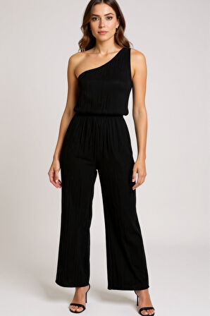 Kadın Siyah Tek Omuzlu Şık Bluz & Geniş Paça Pantolon İkili Takım - Modern, Konforlu ve Günlük Kombinlere Uygun