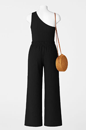 Kadın Siyah Tek Omuzlu Şık Bluz & Geniş Paça Pantolon İkili Takım - Modern, Konforlu ve Günlük Kombinlere Uygun