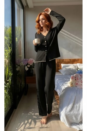 Premium Kadın Fitilli Pijama Takımı – Siyah Gold Biye Detaylı, Yumuşak Dokulu Ev Şıklığı