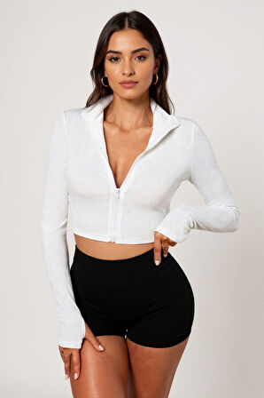 Kadın Beyaz Uzun Kol Fermuarlı Parmak Geçme Detaylı Dik Yaka Crop Top Bluz