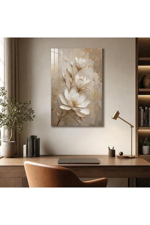 Manolya Çiçeği Baskılı Cam Tablo – Gold Detaylı UV Baskı Dekoratif Duvar Tablosu