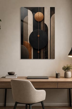 Soyut Geometrik Baskılı Cam Tablo – Bakır Detaylı Modern Duvar Dekoru