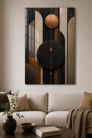 Soyut Geometrik Baskılı Cam Tablo – Bakır Detaylı Modern Duvar Dekoru