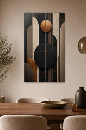 Soyut Geometrik Baskılı Cam Tablo – Bakır Detaylı Modern Duvar Dekoru